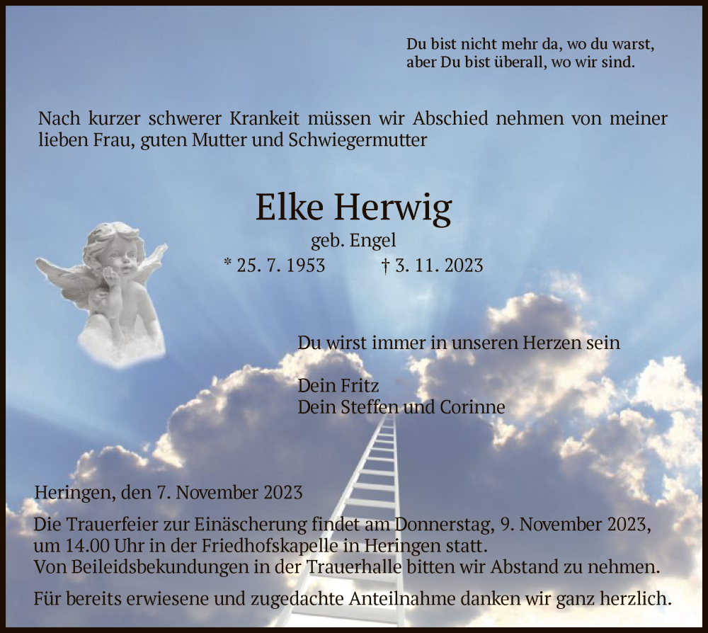  Traueranzeige für Elke Herwig vom 07.11.2023 aus HZ