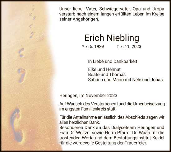 Traueranzeige von Erich Niebling von HZ