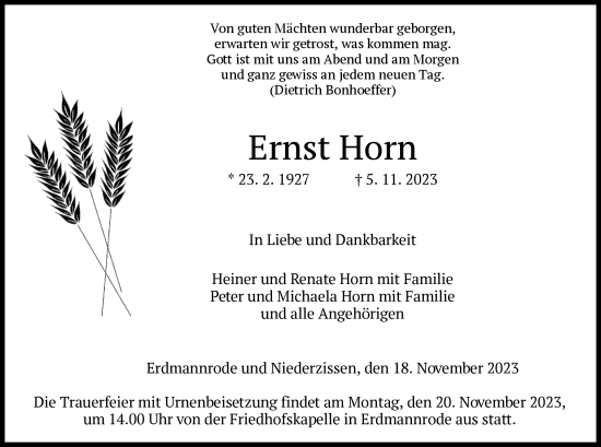 Traueranzeige von Ernst Horn von HZ