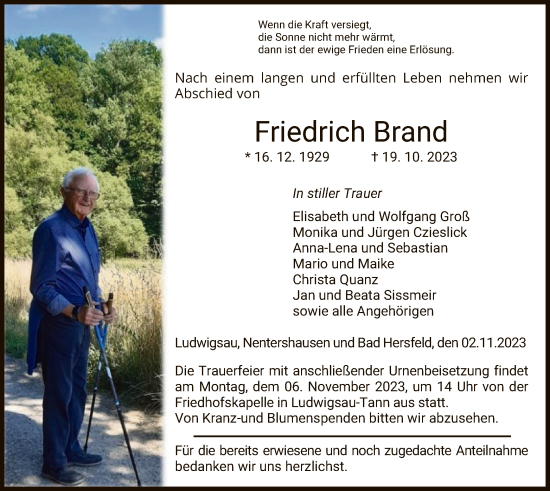 Traueranzeige von Friedrich Brand von HZ