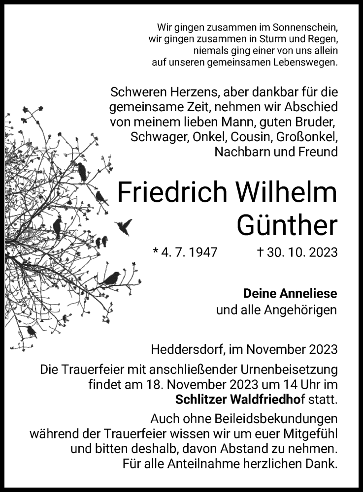  Traueranzeige für Friedrich Wilhelm Günther vom 11.11.2023 aus HZ