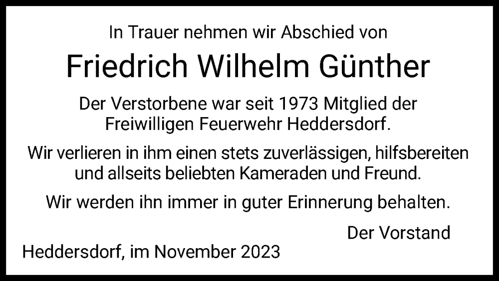  Traueranzeige für Friedrich Wilhelm Günther vom 11.11.2023 aus HZ