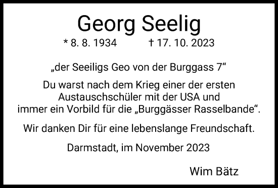 Traueranzeige von Georg Seelig von HZ