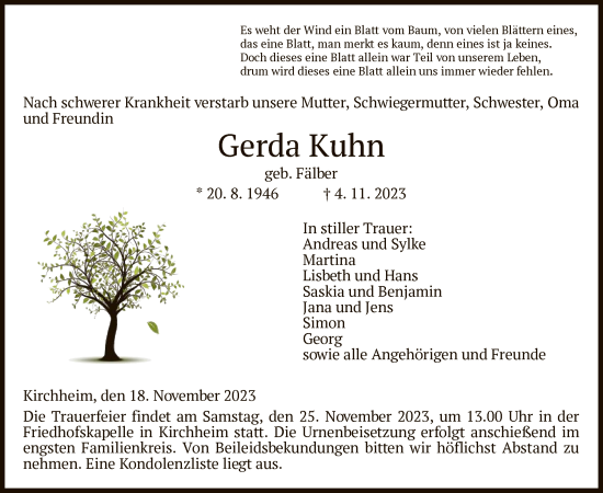 Traueranzeige von Gerda Kuhn von HZ