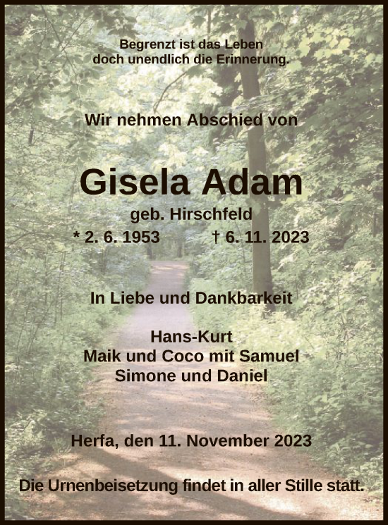 Traueranzeige von Gisela Adam von HZ