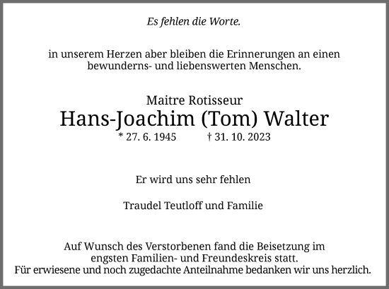 Traueranzeige von Hans-Joachim Walter von HZ