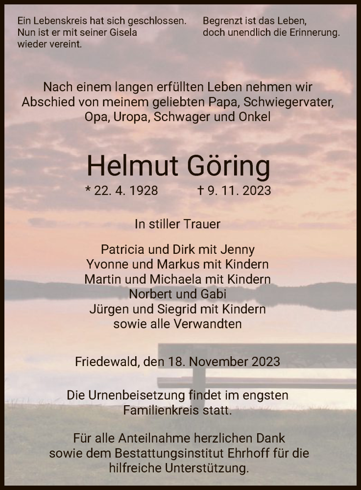  Traueranzeige für Helmut Göring vom 18.11.2023 aus HZ