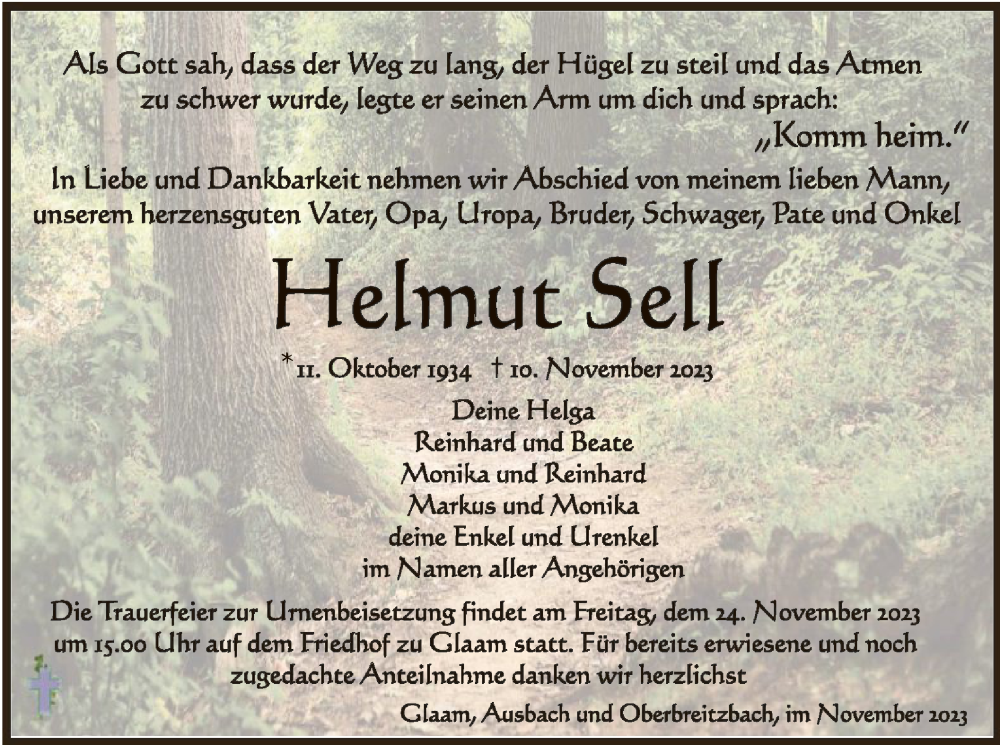  Traueranzeige für Helmut Sell vom 18.11.2023 aus HZHNA