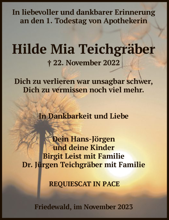 Traueranzeige von Hilde Mia Teichgräber von HZ