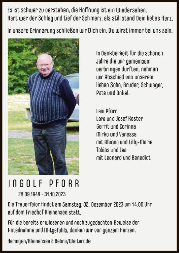  Traueranzeige für Ingolf Pforr vom 18.11.2023 aus HZHNAHNA