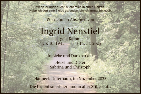 Traueranzeige von Ingrid Nenstiel von HZ