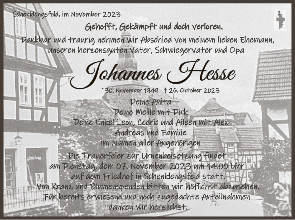  Traueranzeige für Johannes Hesse vom 04.11.2023 aus HZHNA