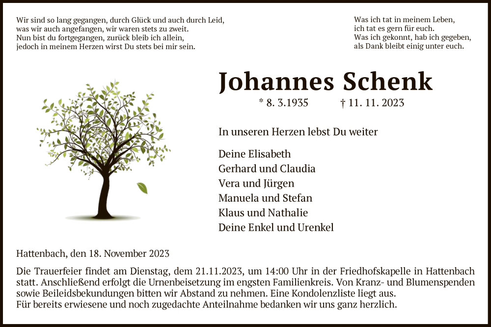  Traueranzeige für Johannes Schenk vom 18.11.2023 aus HZ