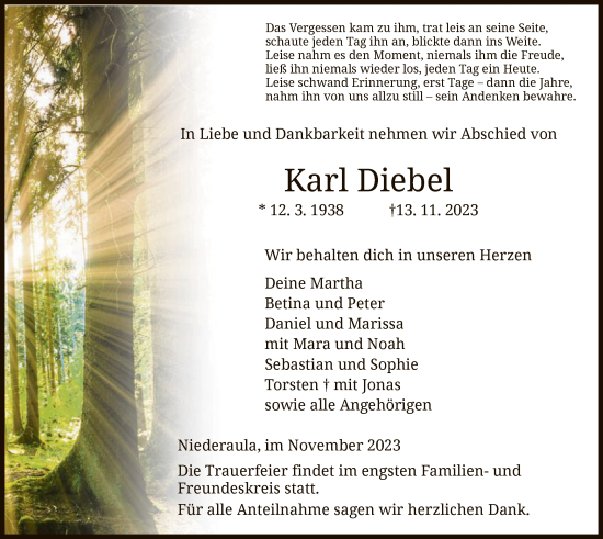 Traueranzeige von Karl Diebel von HZ