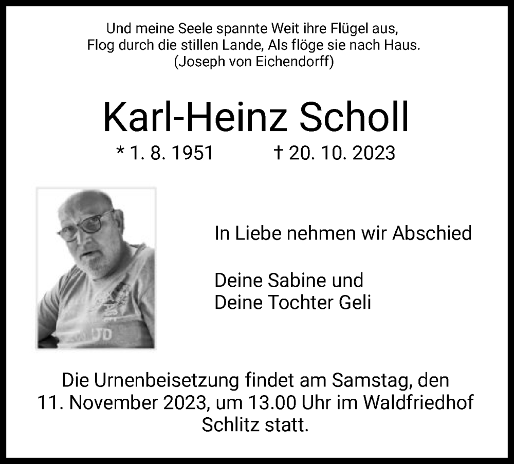  Traueranzeige für Karl-Heinz Scholl vom 04.11.2023 aus HZHNA
