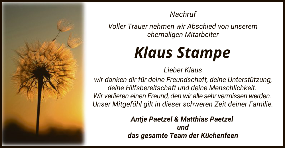  Traueranzeige für Klaus Stampe vom 08.11.2023 aus HZ