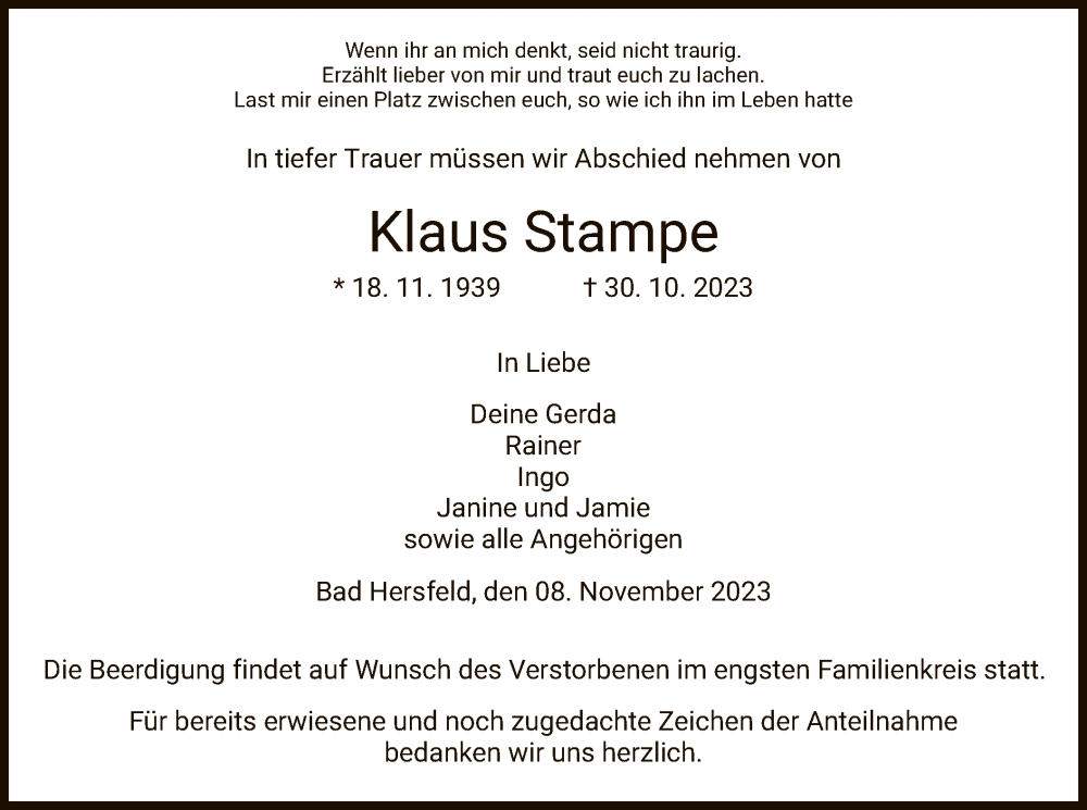  Traueranzeige für Klaus Stampe vom 08.11.2023 aus HZ