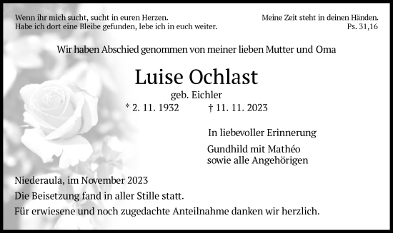 Traueranzeige von Luise Ochlast von HZ