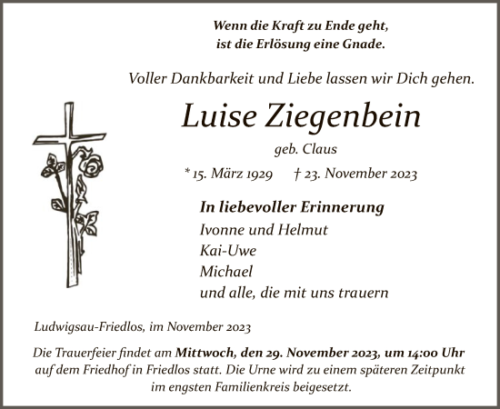 Traueranzeige von Luise Ziegenbein von HZ