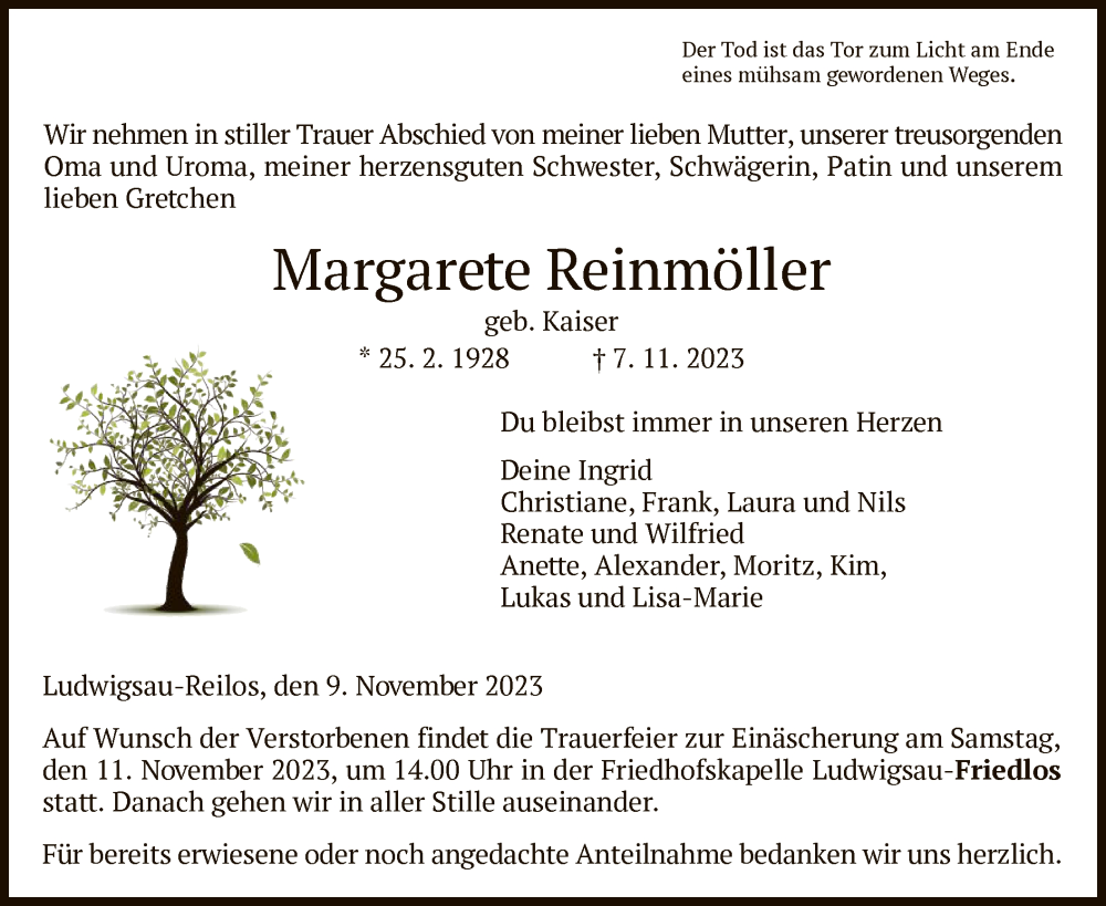  Traueranzeige für Margarete Reinmöller vom 09.11.2023 aus HZ