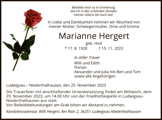 Traueranzeige von Marianne Hergert von HZ