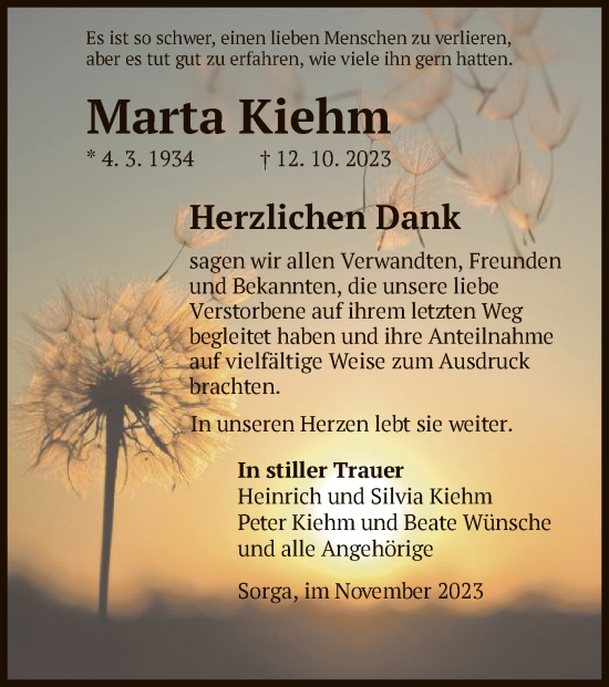 Traueranzeige von Marta Kiehm von HZ