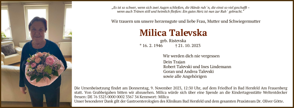  Traueranzeige für Milica Talevska vom 04.11.2023 aus HZHNA