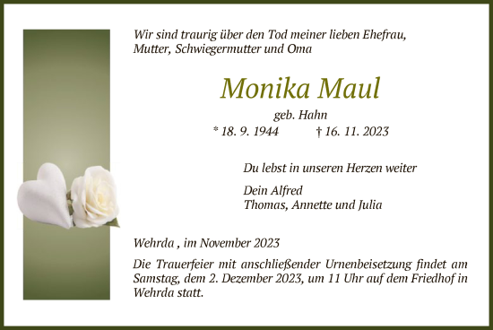 Traueranzeige von Monika Maul von HZ