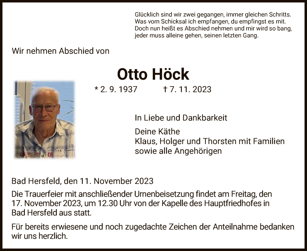  Traueranzeige für Otto Höck vom 11.11.2023 aus HZ