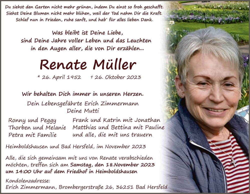  Traueranzeige für Renate Müller vom 11.11.2023 aus HZHNA