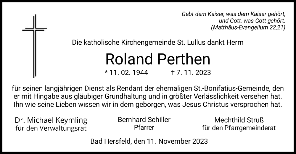 Traueranzeige für Roland Perthen vom 11.11.2023 aus HZ