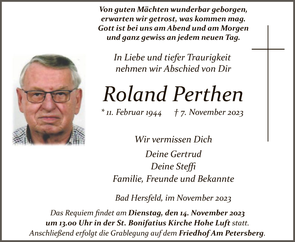  Traueranzeige für Roland Perthen vom 11.11.2023 aus HZ