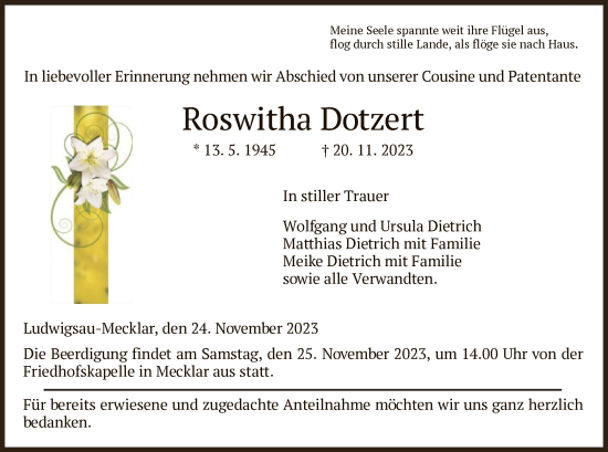 Traueranzeige von Roswitha Dotzert von HZ