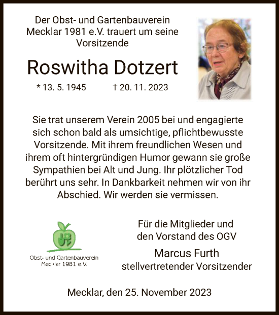 Traueranzeige von Roswitha Dotzert von HZ