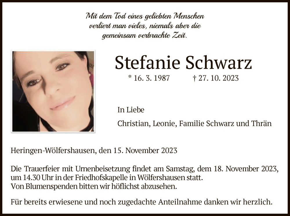 Traueranzeige für Stefanie Schwarz vom 15.11.2023 aus HZ