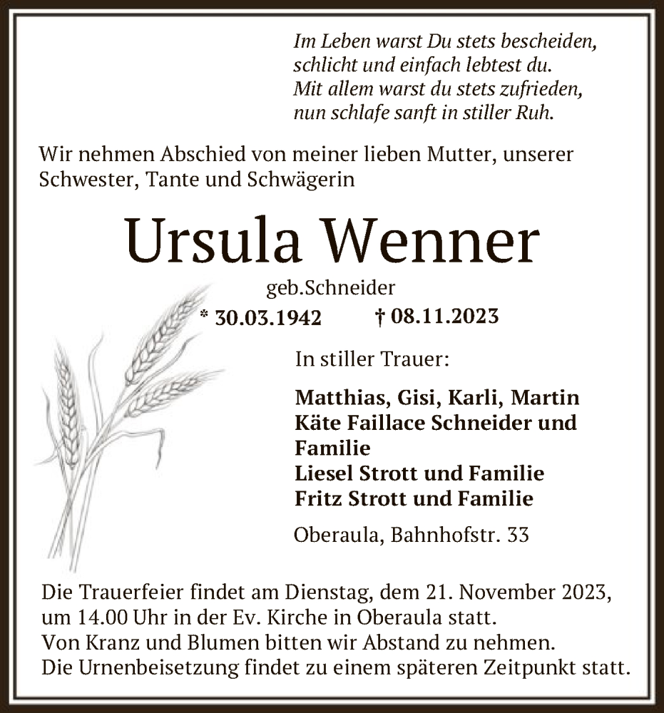  Traueranzeige für Ursula Wenner vom 18.11.2023 aus HZHNA