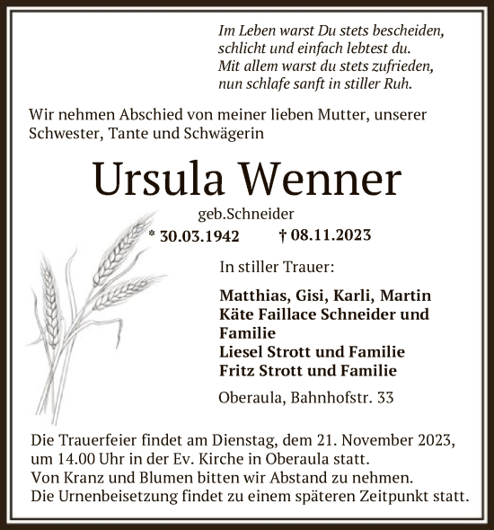 Traueranzeige von Ursula Wenner von HZHNA