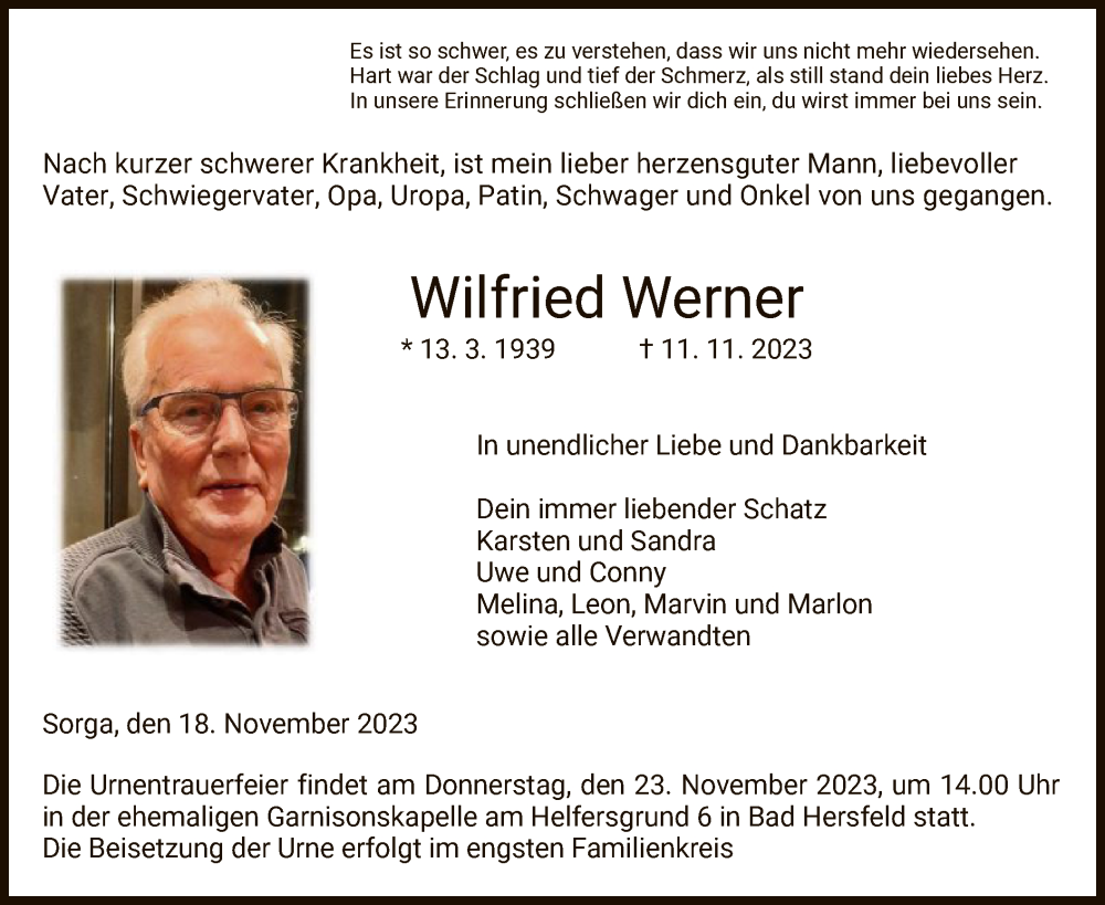  Traueranzeige für Wilfried Werner vom 18.11.2023 aus HZ