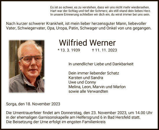 Traueranzeige von Wilfried Werner von HZ