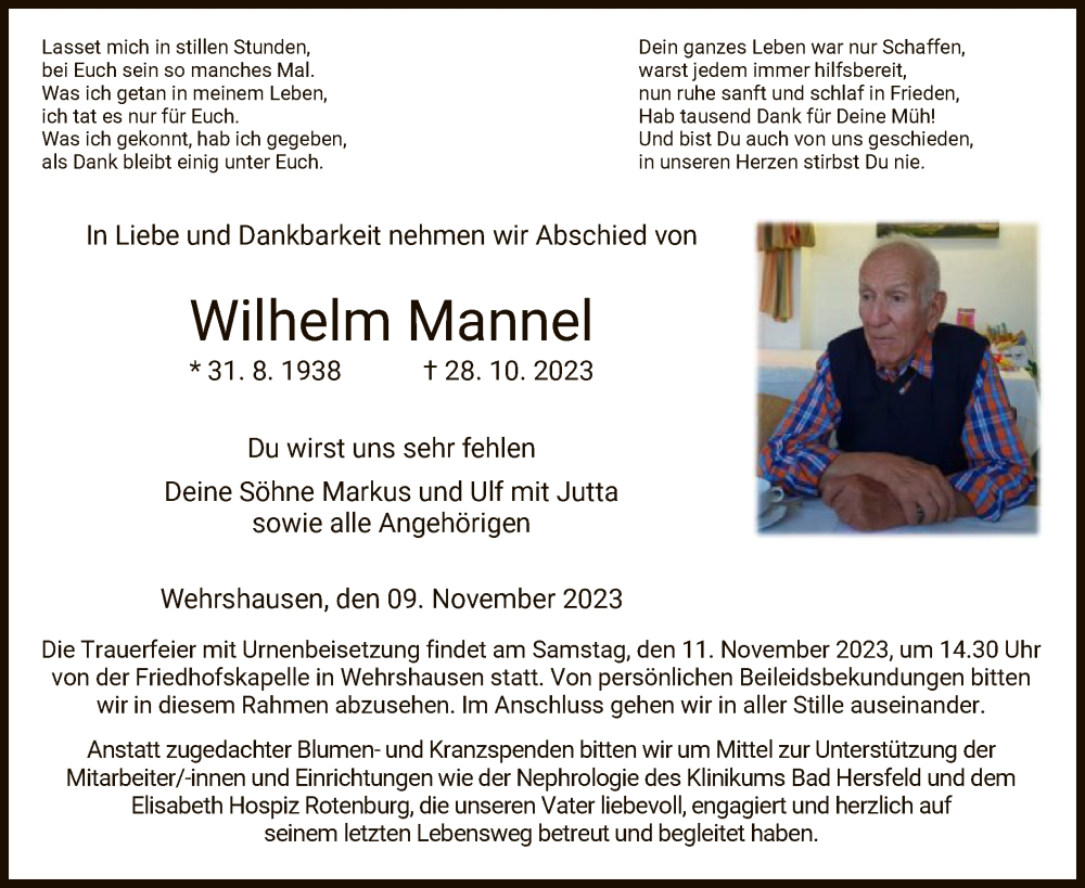  Traueranzeige für Wilhelm Mannel vom 09.11.2023 aus HZ