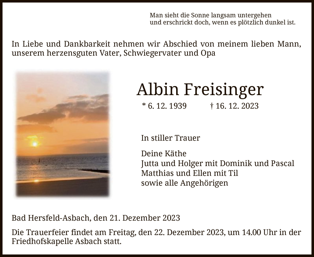  Traueranzeige für Albin Freisinger vom 21.12.2023 aus HZ