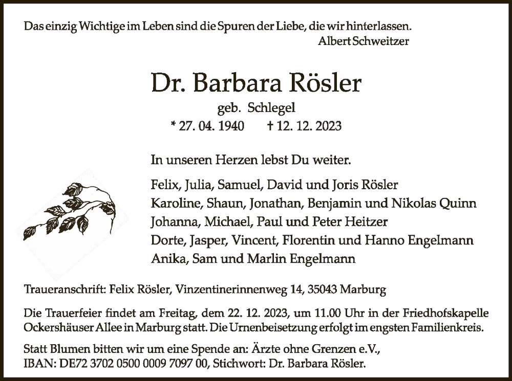  Traueranzeige für Barbara Rösler vom 16.12.2023 aus HZ