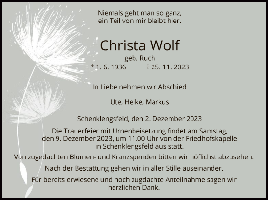 Traueranzeige von Christa Wolf von HZ