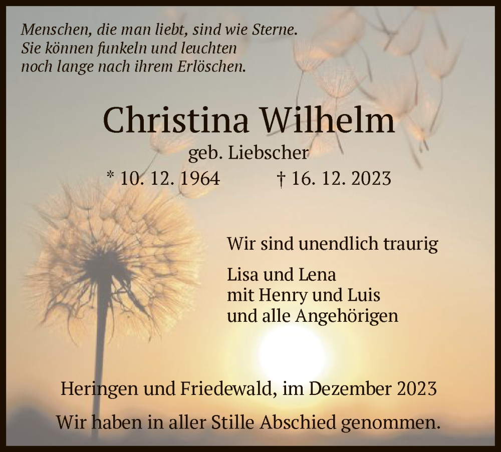  Traueranzeige für Christina Wilhelm vom 23.12.2023 aus HZ
