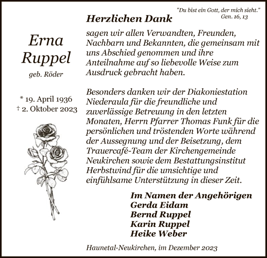 Traueranzeige von Erna Ruppel von HZ