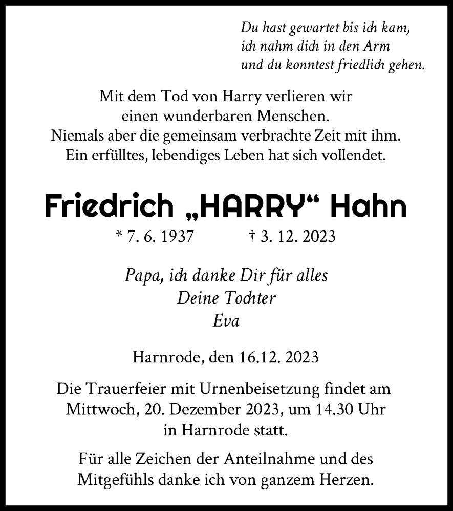  Traueranzeige für Friedrich Hahn vom 16.12.2023 aus HZHNA