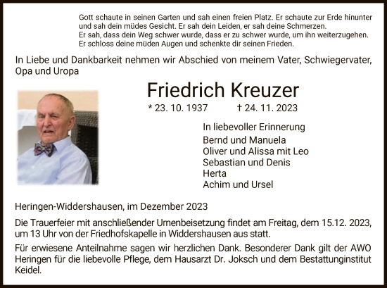 Traueranzeige von Friedrich Kreuzer von HZ