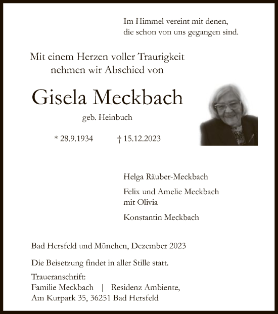 Traueranzeige von Gisela Meckbach von HZ