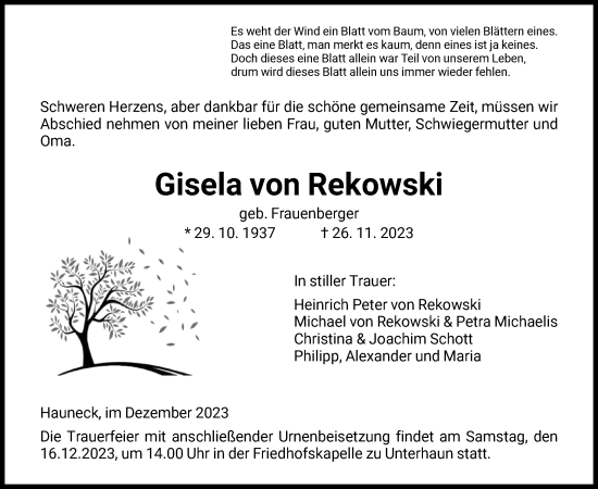 Traueranzeige von Gisela von Rekowski von HZ