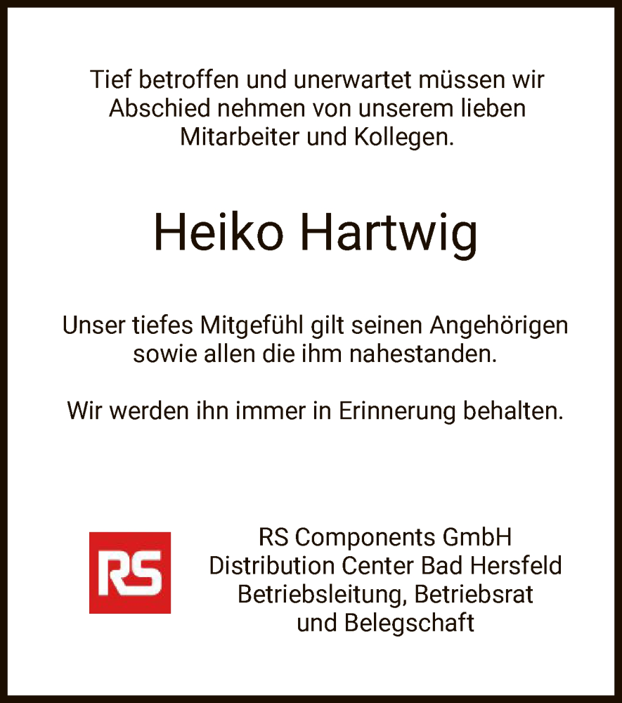  Traueranzeige für Heiko Hartwig vom 23.12.2023 aus HZ